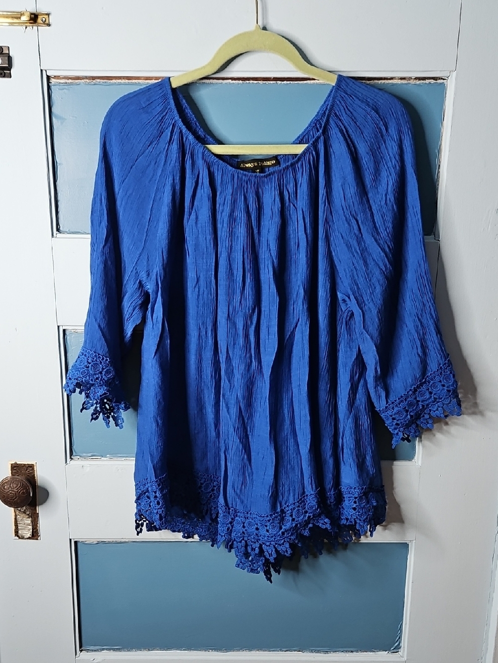 Always Indigo Cobalt Blue Peasant Tunic with Crochet Hem 2X